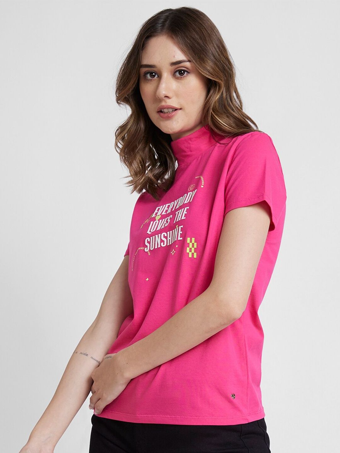 SPYKAR Typography Printed High Neck Cotton T-shirt