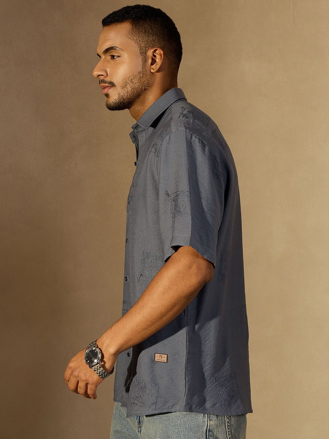 DENNISON Men Embroidered Oversized Spread Collar Short Slevees Casual Shirt