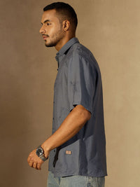 DENNISON Men Embroidered Oversized Spread Collar Short Slevees Casual Shirt