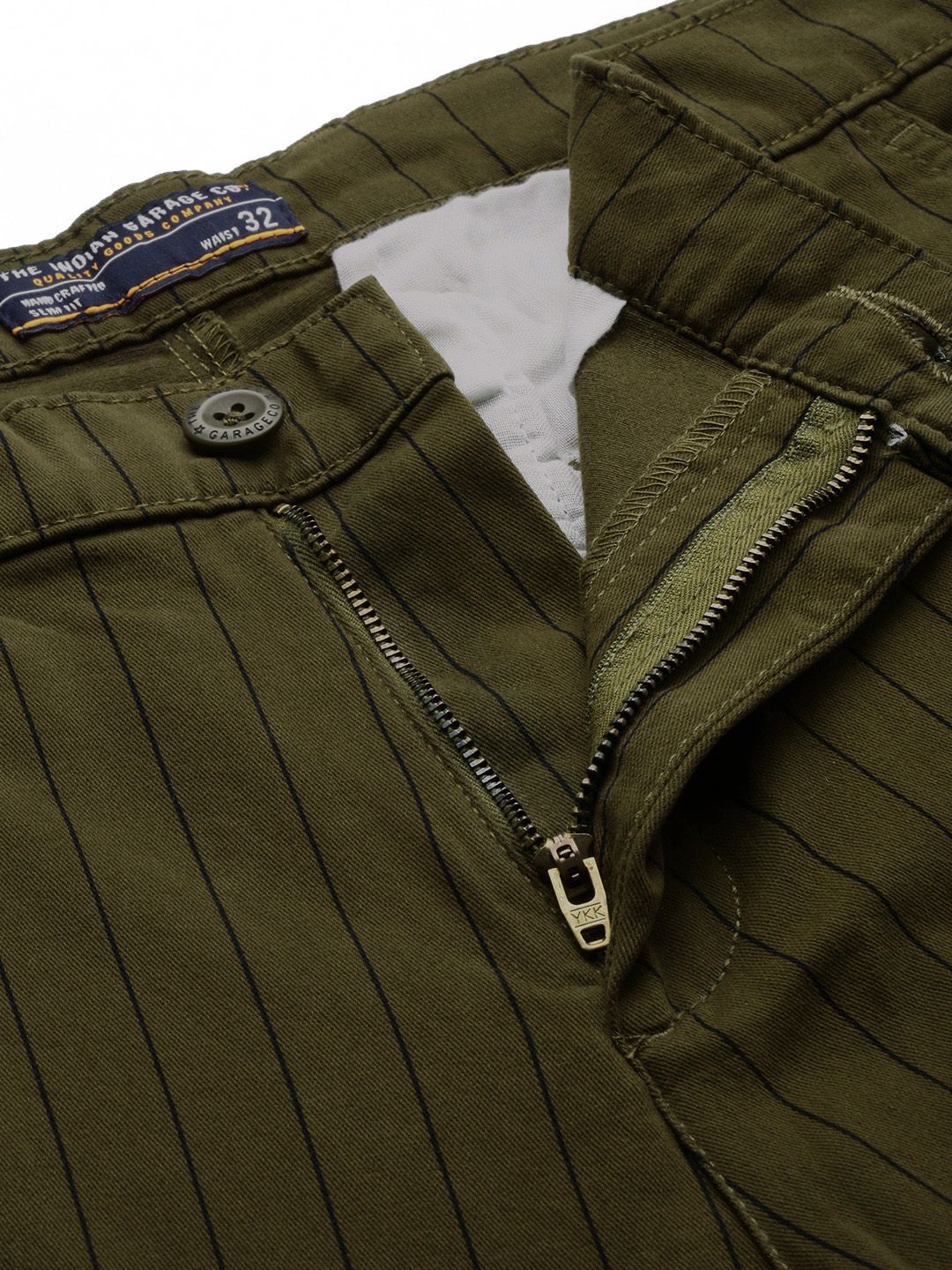 The Indian Garage Co Men Olive Green Striped Slim Fit Chinos Trousers