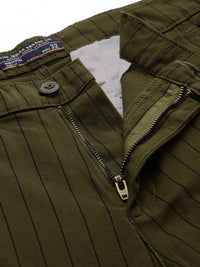 The Indian Garage Co Men Olive Green Striped Slim Fit Chinos Trousers