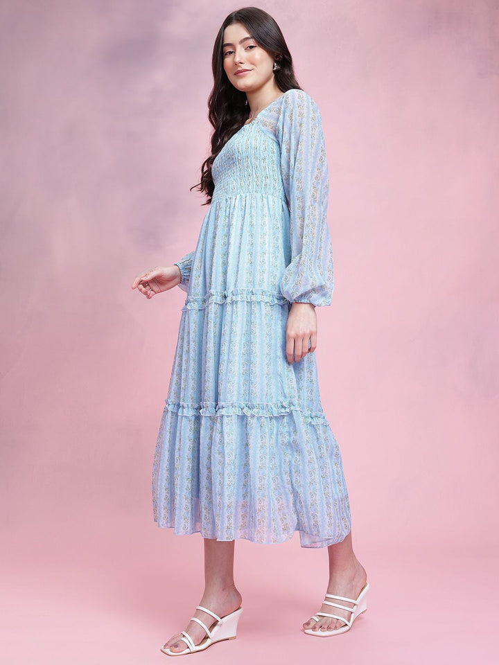 DressBerry Floral Print Smocked Ruffled Tiered Midi Dress