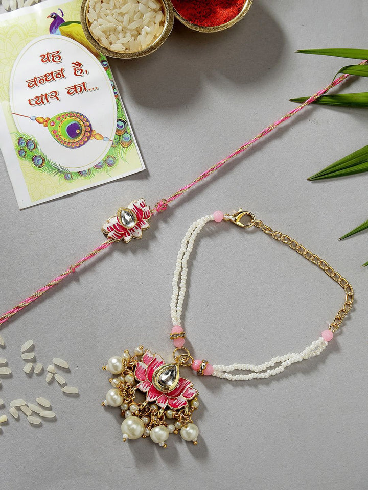 NVR Set of 2 Lotus Stone-Studded & Beaded Bhaiya Bhabhi Rakhi with Roli Chawal