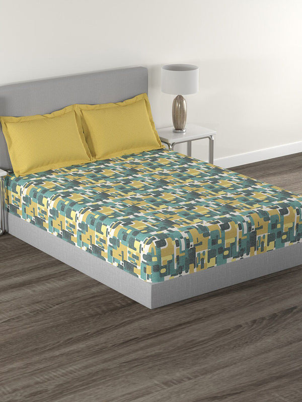 MYTRIDENT Yellow  Green Printed Cotton 144 TC Queen Bedsheet With 2 Pillow Covers