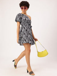 DressBerry Sketchy Monochrome One Shoulder Floral Tie-up Detailed Fit & Flare Dress