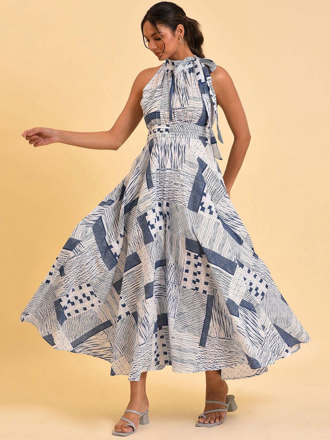 W Blue & White Halter Neck Printed Pure Cotton Culotte Jumpsuit