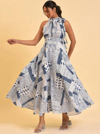W Blue & White Halter Neck Printed Pure Cotton Culotte Jumpsuit