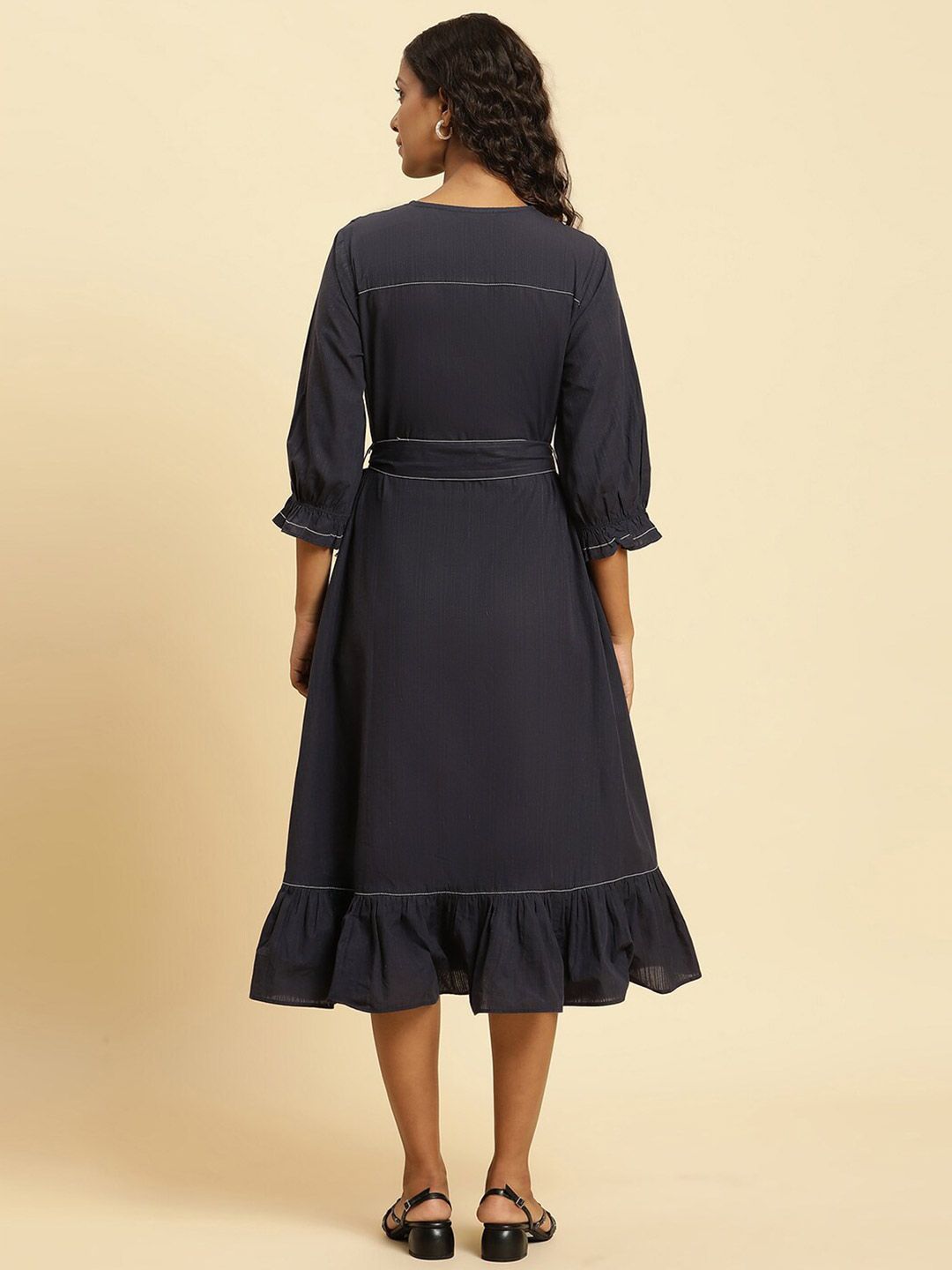 W Puff Sleeve Cotton A-Line Midi Dress