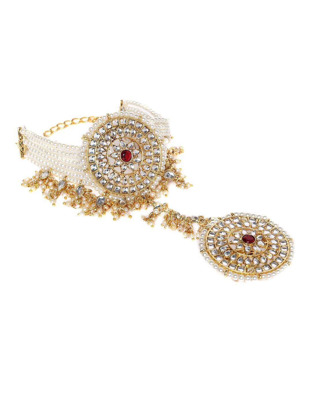Zaveri Mutiara Berton Emas &amp; Putih Kundan &amp; Gelang Cincin Bertampal Mutiara