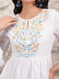 Vishudh Floral Embroidered Tie-Up Neck Cotton Bell Sleeve Fit & Flare Dress