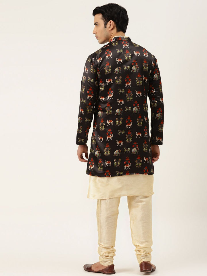 SOJANYA Men Cream-Coloured & Black Solid Kurta with Churidar & Jacket