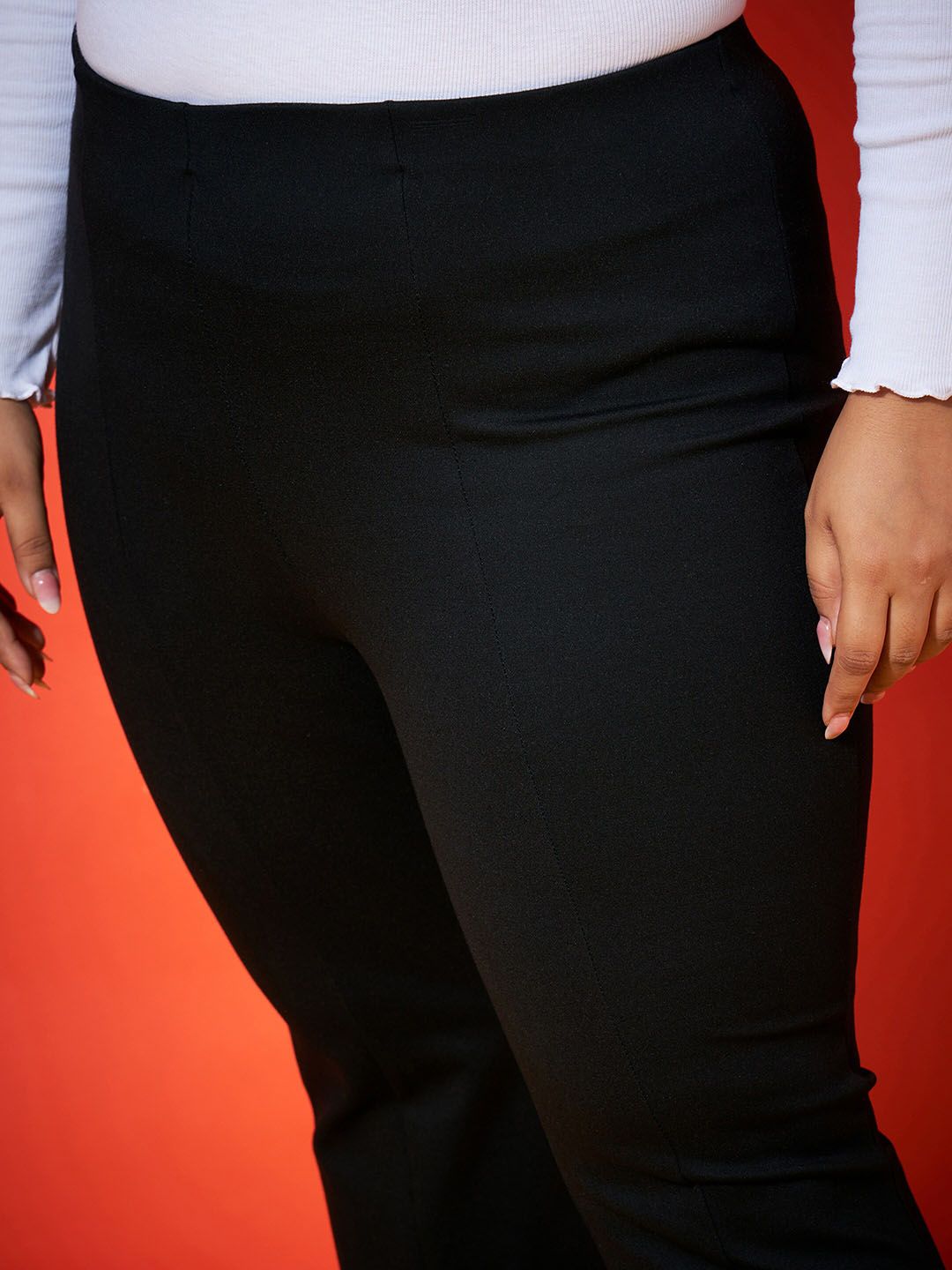 SASSAFRAS Curve Women Black Slim Fit Smart High-Rise Front Slit Bootcut Trousers