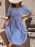 DressBerry Striped Smocked Tie-Ups Back Fit & Flare Dress