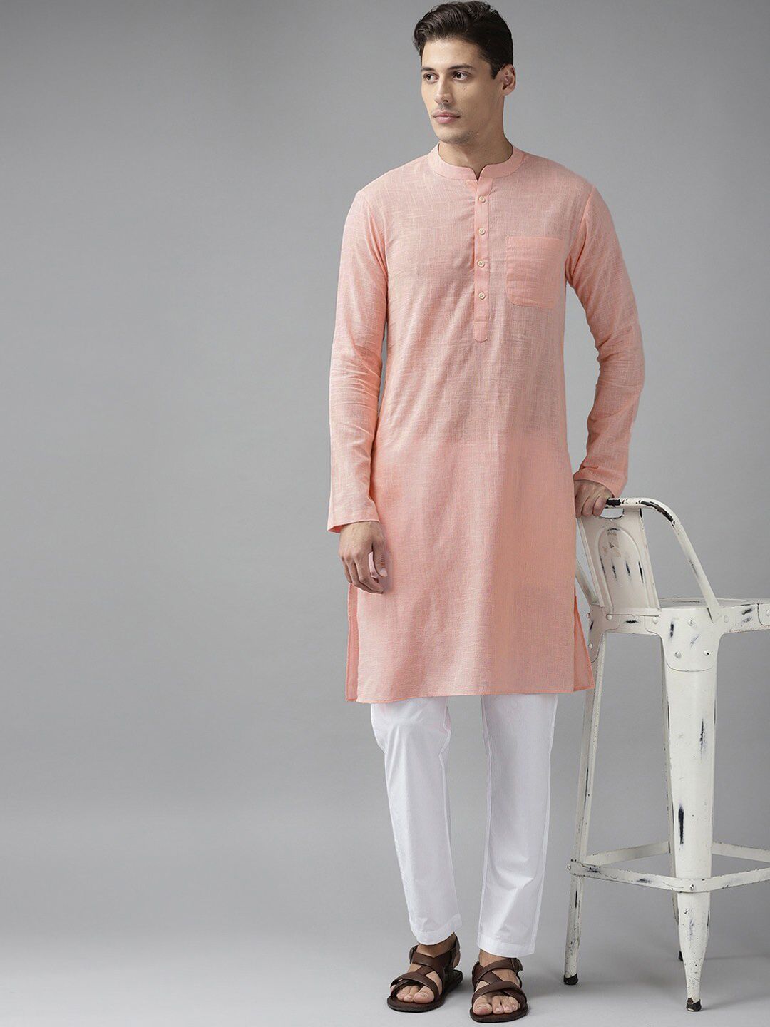 See Designs Men Pink Straight Cotton Kurta
