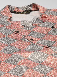 SOJANYA Men Red & Grey Ethnic Motifs Print Kurta & Churidar with Tailored Jacket