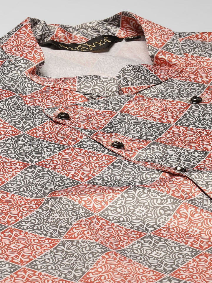 SOJANYA Men Red & Grey Ethnic Motifs Print Kurta & Churidar with Tailored Jacket