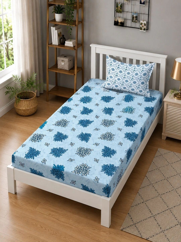 Moda Rapido X KLOTTHE Blue Floral 400 TC Single Bedsheet with 1 Pillow Covers