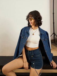 SASSAFRAS Women Blue Washed Slim Fit Denim Shorts