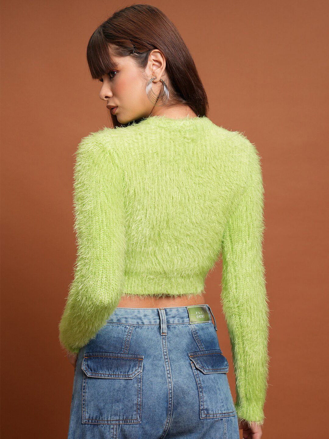 Tokyo Talkies Green Self Design Acrylic Crop Pullover