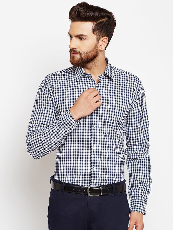 Hancock Men Navy Blue & White Slim Fit Checked Formal Shirt