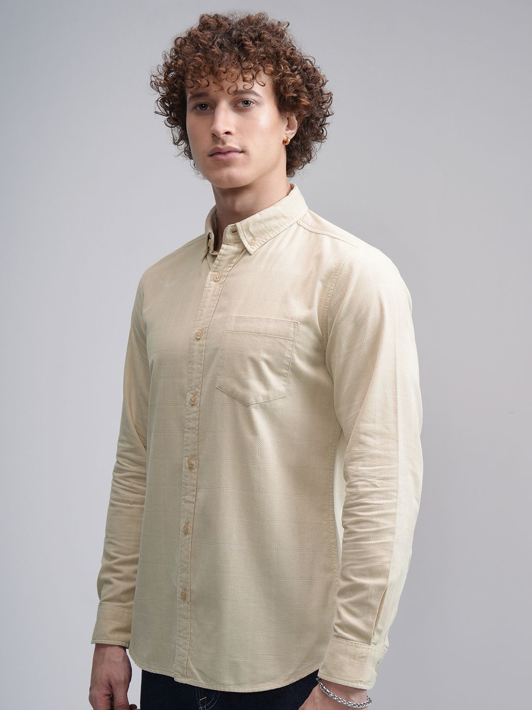 HIGHLANDER Men Button-Down Collar Textured Cotton Slim Fit Casual Shirt
