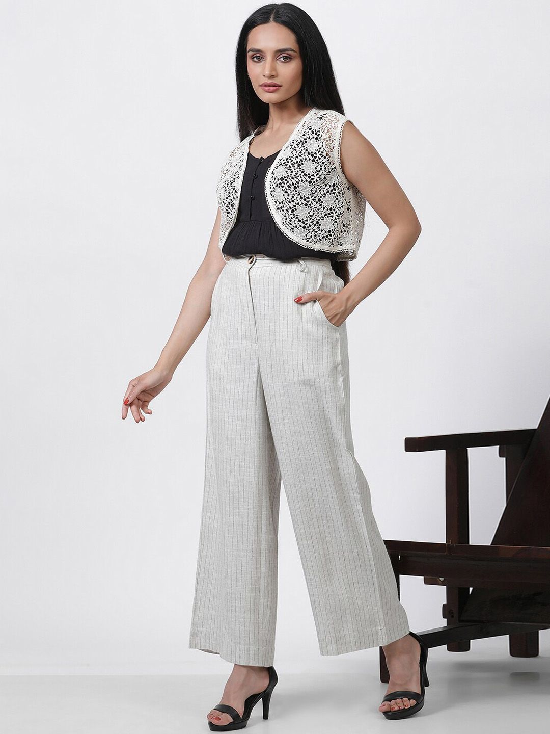 W Women Striped Mid-Rise Straight Fit Parallel Trouser