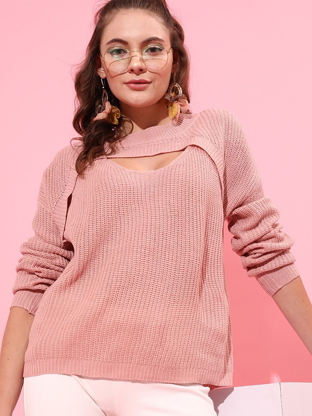 STREET 9 Women Peach-Coloured Cable Knit Longline Pullover