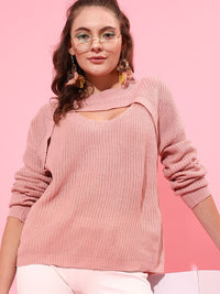 STREET 9 Women Peach-Coloured Cable Knit Longline Pullover