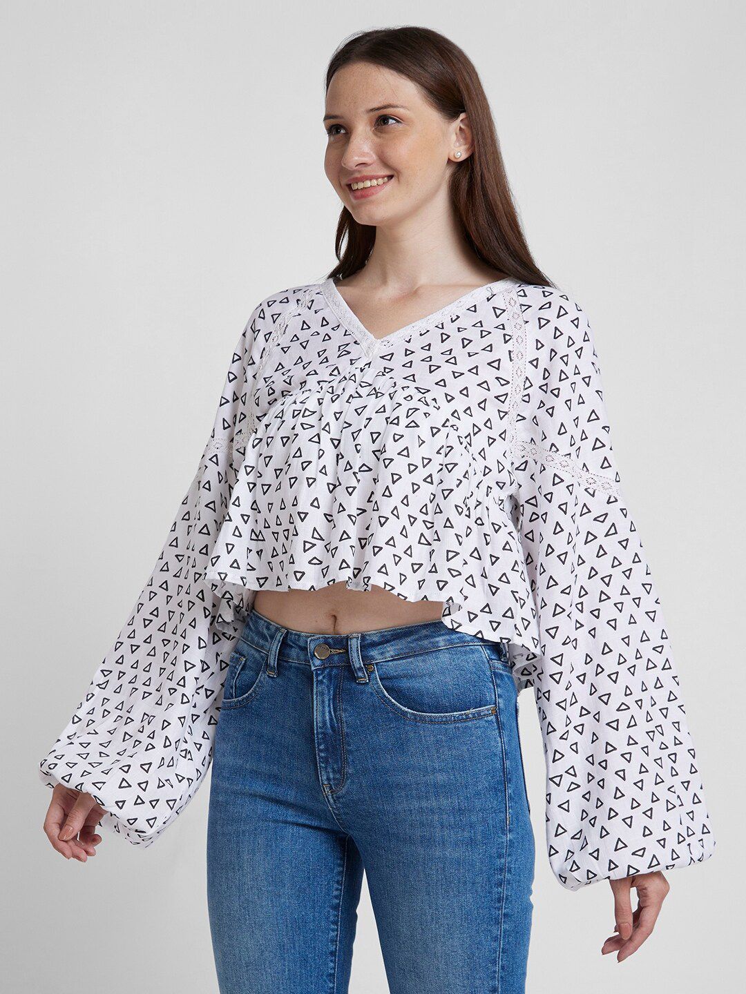 SPYKAR Geometric Printed V-Neck Flared Sleeve Lace Inserts Cotton Peplum Top