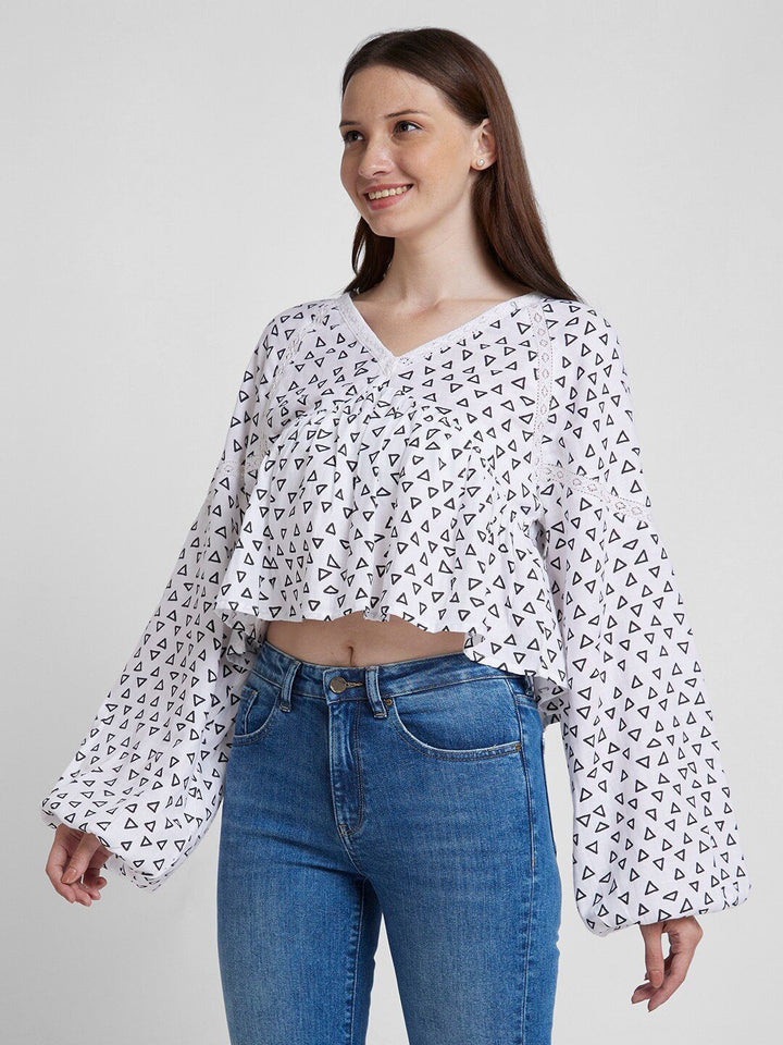 SPYKAR Geometric Printed V-Neck Flared Sleeve Lace Inserts Cotton Peplum Top
