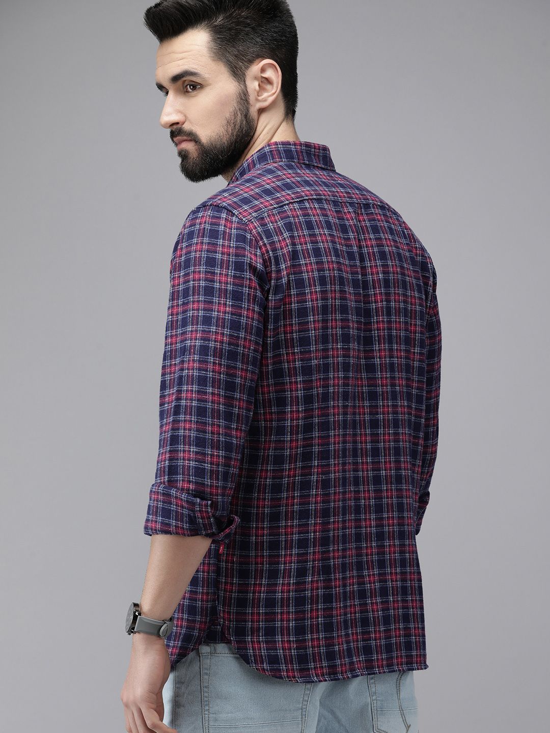 THE BEAR HOUSE Men Navy Blue & Maroon Slim Fit Checked Flannel Cotton Casual Shirt