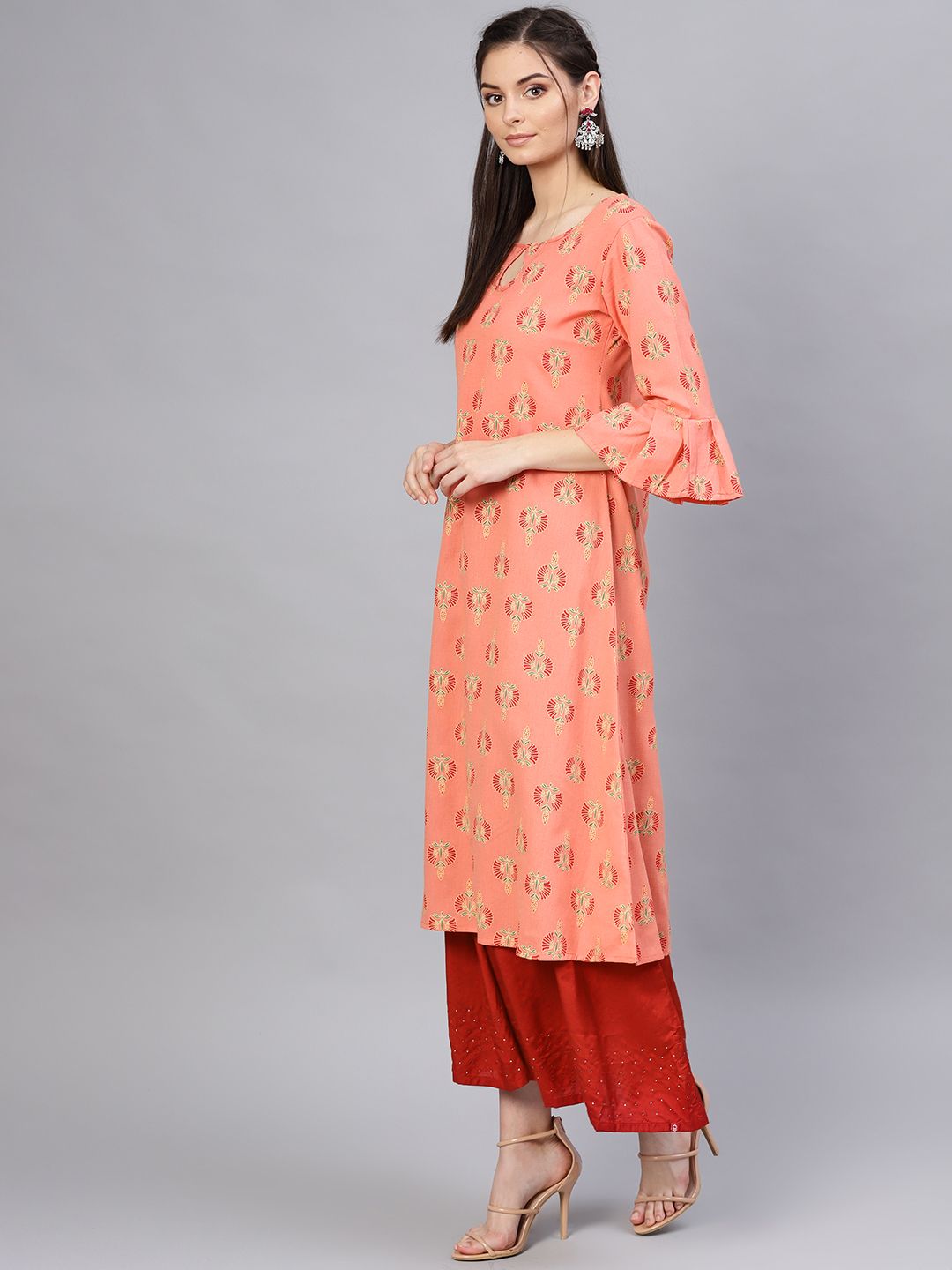 SOJANYA Women Orange & Red Printed A-Line Kurta