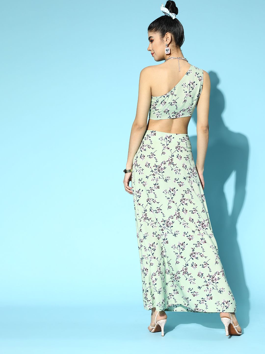 Berrylush Women Gorgeous Green Printed Top with Skirt