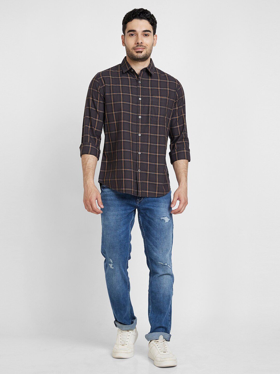 SPYKAR Classic Slim Fit Windowpane Checked Casual Cotton Shirt
