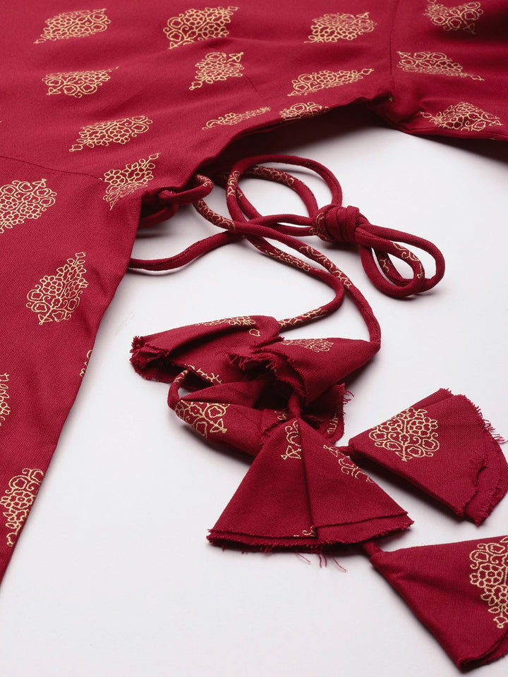 Anouk Tie-Up Tassels Detail Foil Print A-Line Midi Ethnic Dress
