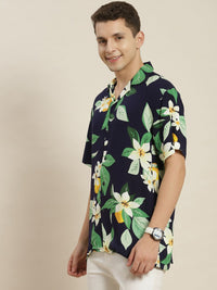 Hancock Men Navy & Green Printed Relaxed Fit Casual Resort Shirt