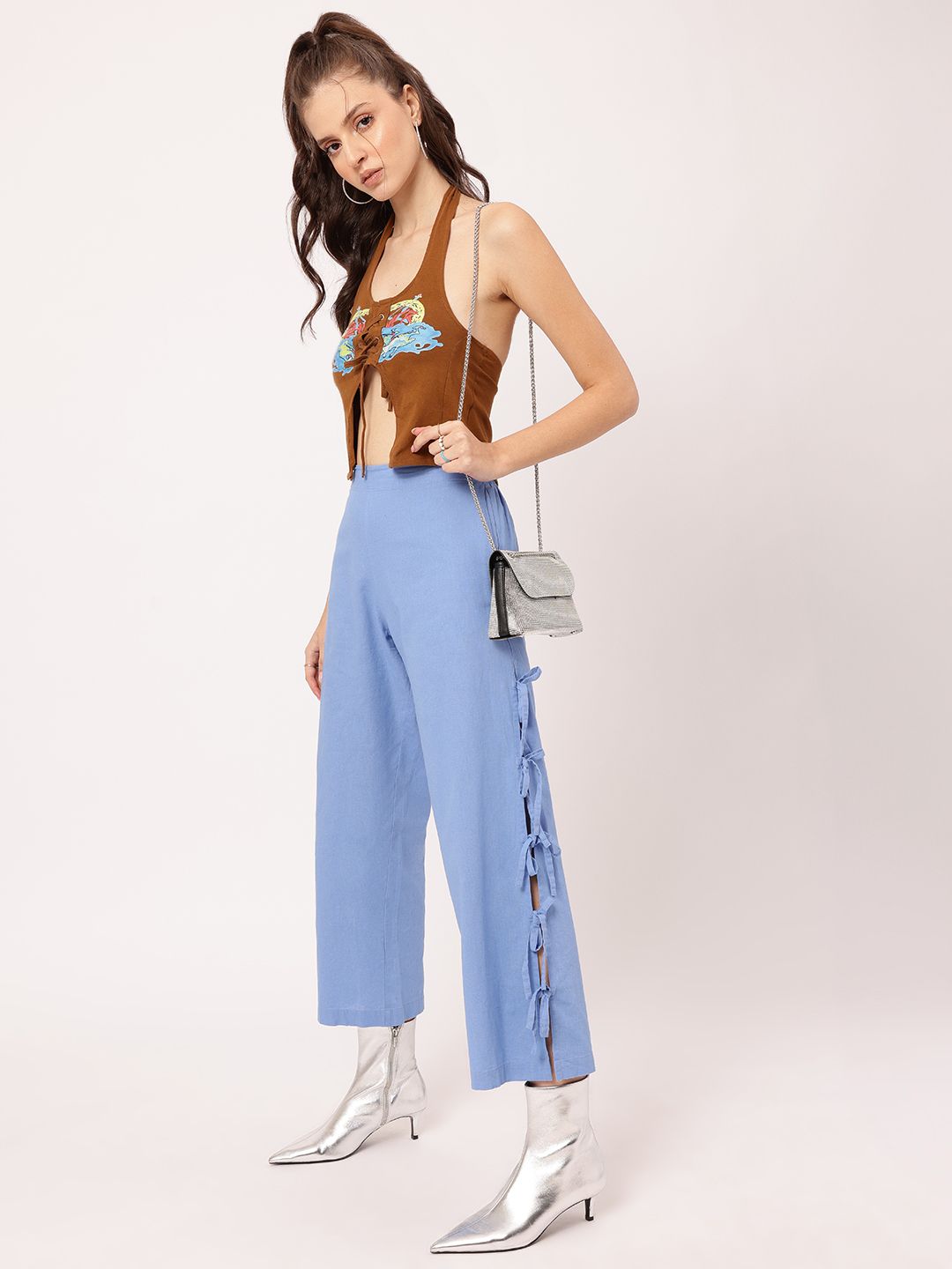 DressBerry Women Cottagecore Chic Bow-Up Cropped Trousers