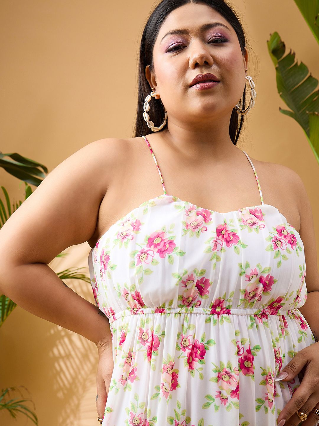 SASSAFRAS Curve Plus Size Floral Printed Shoulder Straps Tiered Georgette Maxi Dress