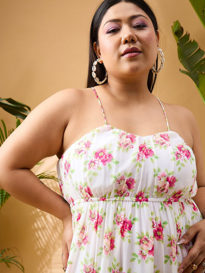 SASSAFRAS Curve Plus Size Floral Printed Shoulder Straps Tiered Georgette Maxi Dress