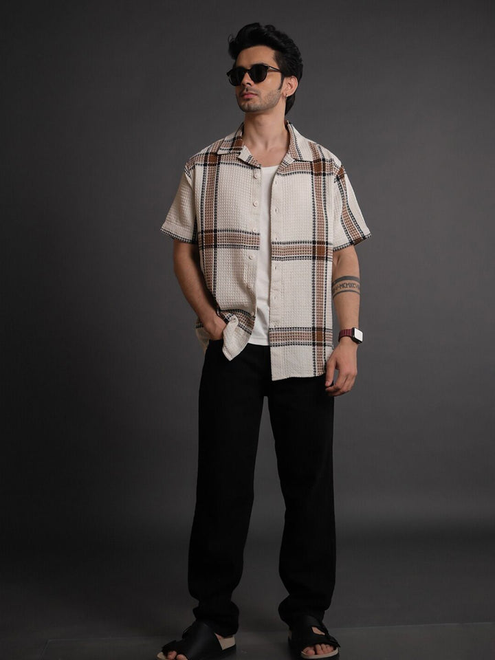 Powerlook Off White India Slim Tartan Checked Cuban Collar Short Sleeves Shacket