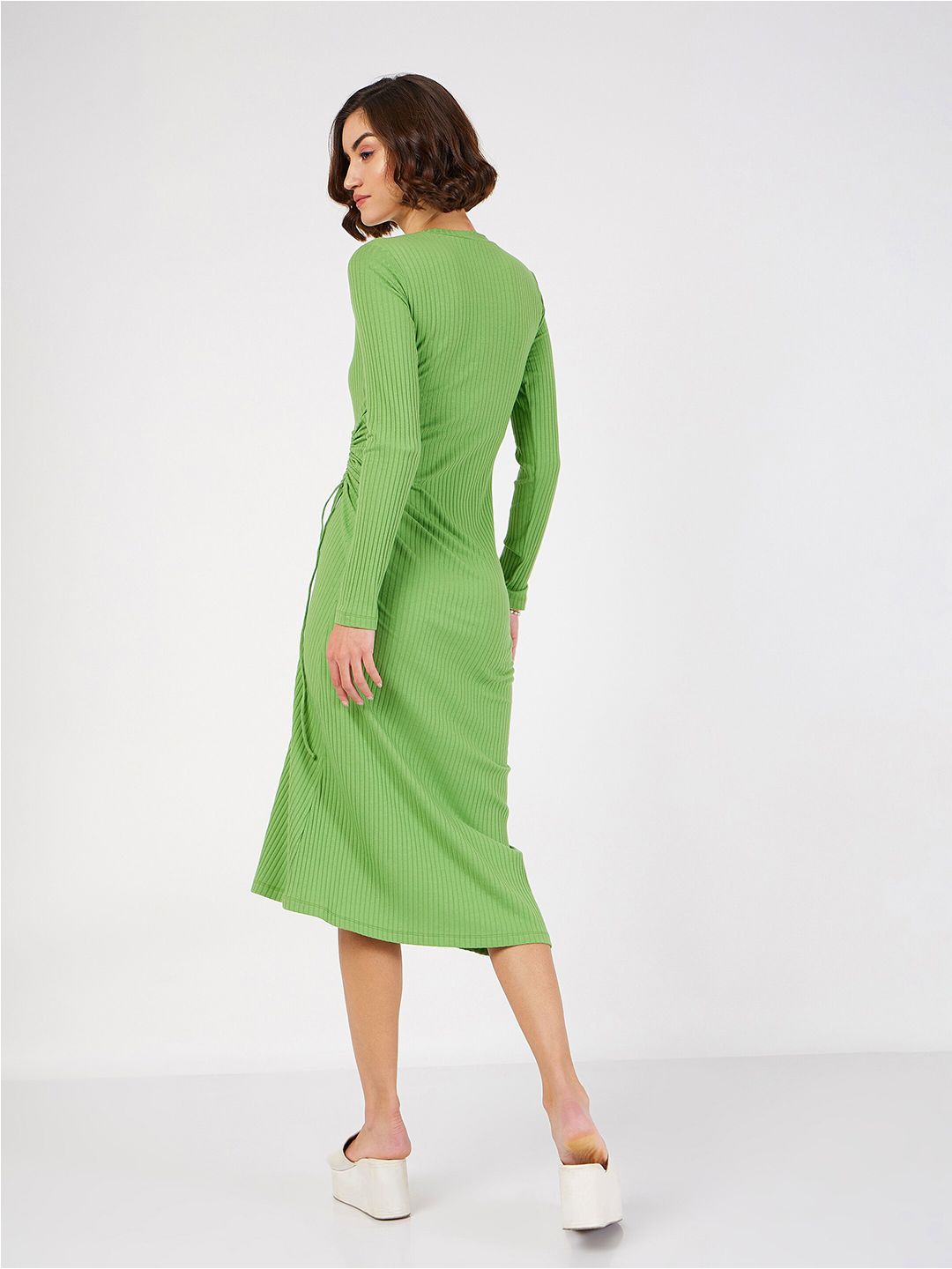 SASSAFRAS Ruched Tie Up Bodycon Midi Dress