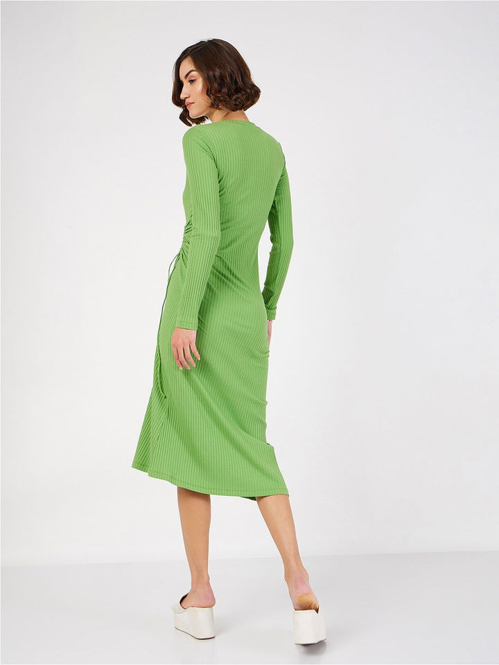 SASSAFRAS Ruched Tie Up Bodycon Midi Dress