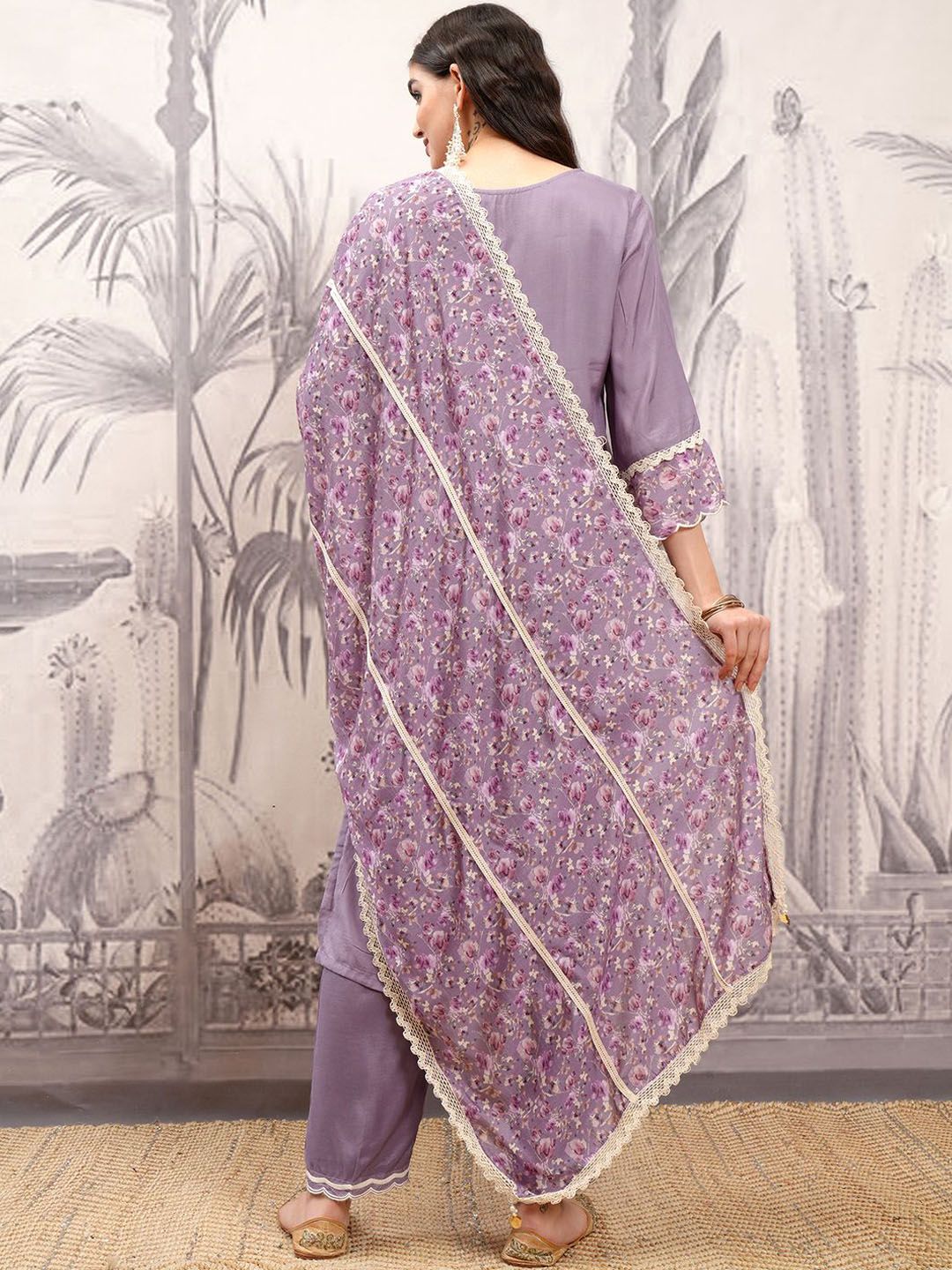 Vishudh Purple Embroidered Notch Neck Thread Work Straight Kurta With Trousers & Dupatta