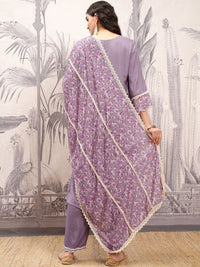 Vishudh Purple Embroidered Notch Neck Thread Work Straight Kurta With Trousers & Dupatta