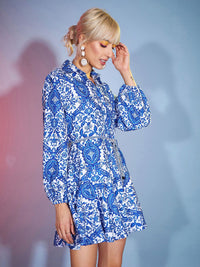 SASSAFRAS Blue Ethnic Motifs Printed Flared Mini Fit & Flare Dress