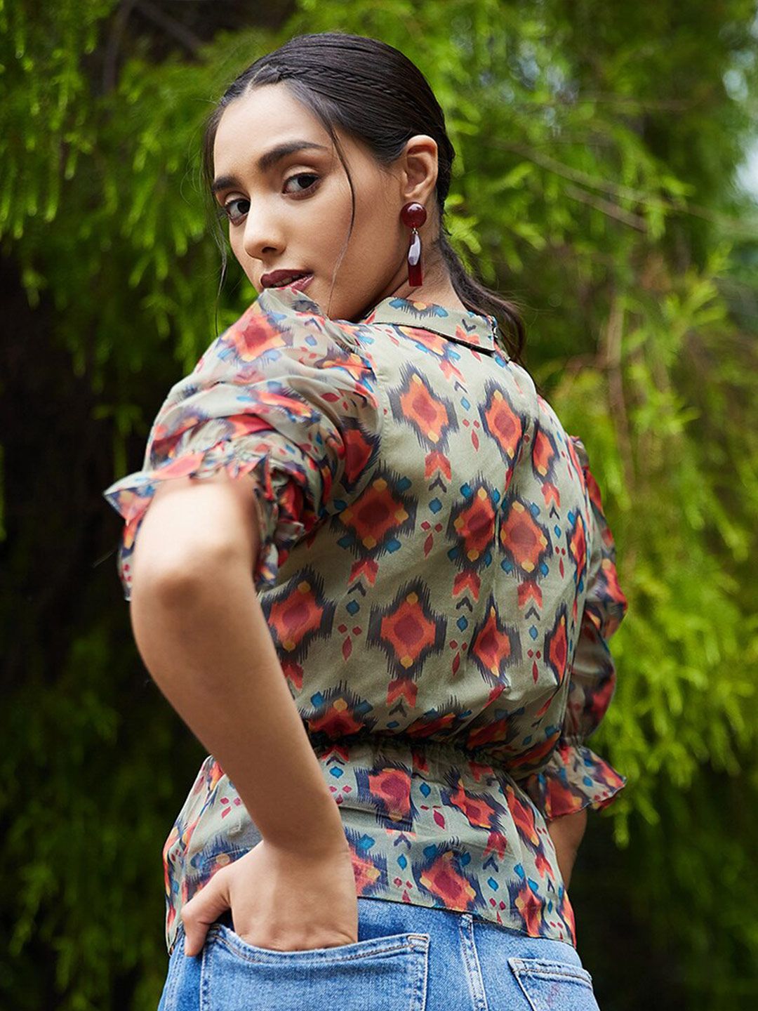 Athena Green & Rust Geometric Print Peplum Top