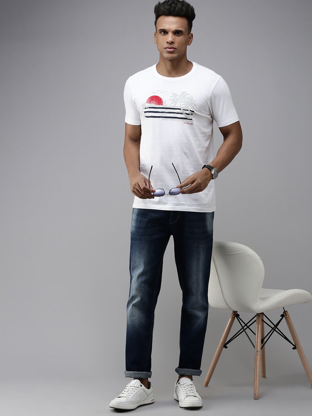 SPYKAR Graphic Print Round Neck Knitted Pure Cotton Slim Fit T-shirt