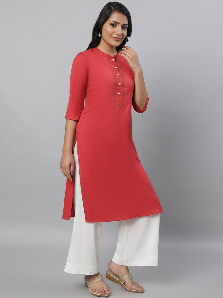 AURELIA Mandarin Collar Thread Work Straight Kurta