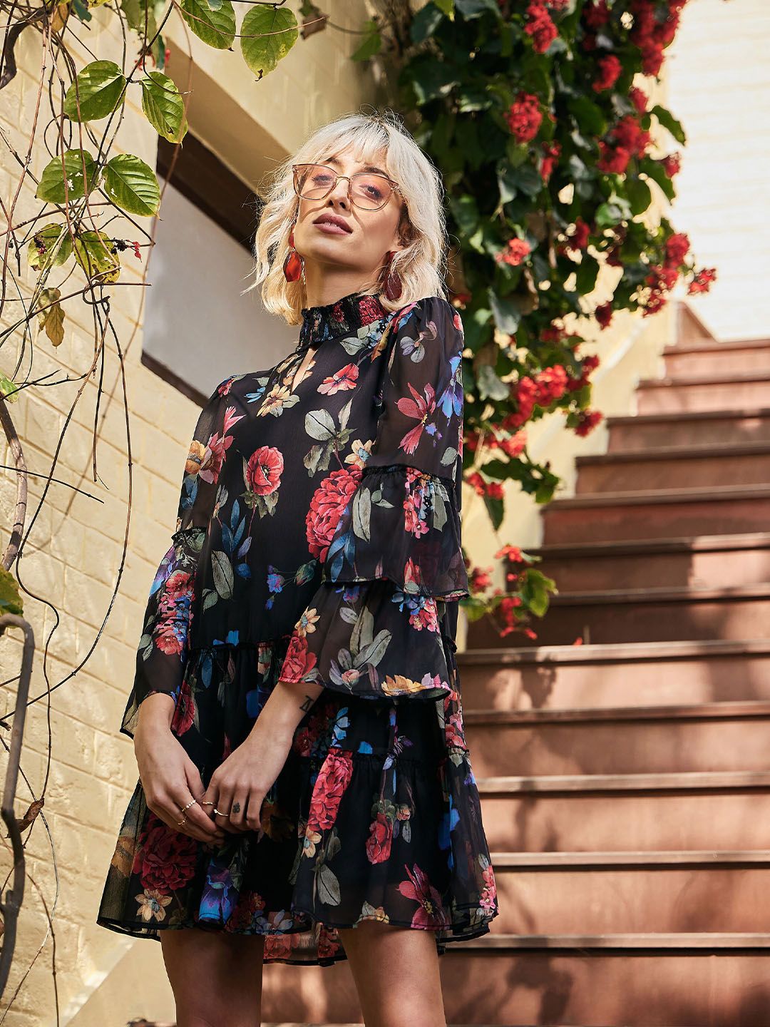 SASSAFRAS High Neck Floral Printed Smocked Tiered Chiffon A-Line Dress