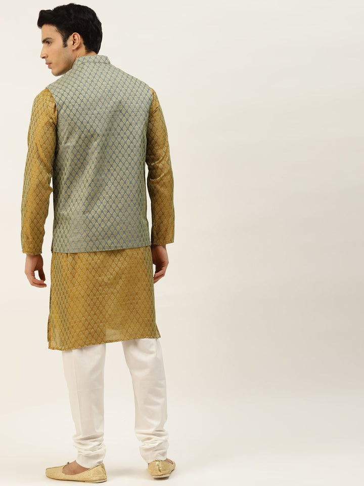 SOJANYA Men Mustard Brown & Teal Green Jacquard Ethnic Motifs Straight Kurta with Churidar